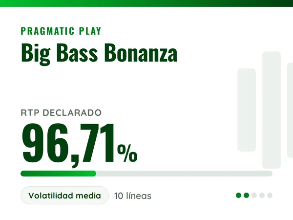 Ficha de Big Bass Bonanza de Pragmatic Play: RTP declarado del 96,71%, volatilidad media