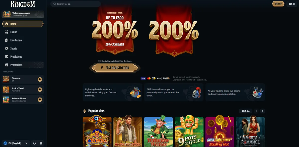 Portada de Kingdom Casino, sin sesión iniciada